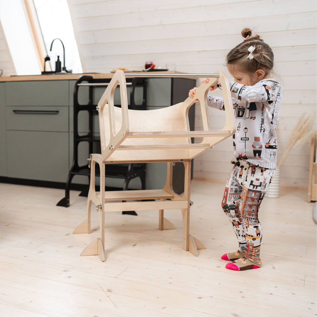 STEP'n'SIT® • Wandelbare Montessori Lernturm + Tisch, 2 in 1