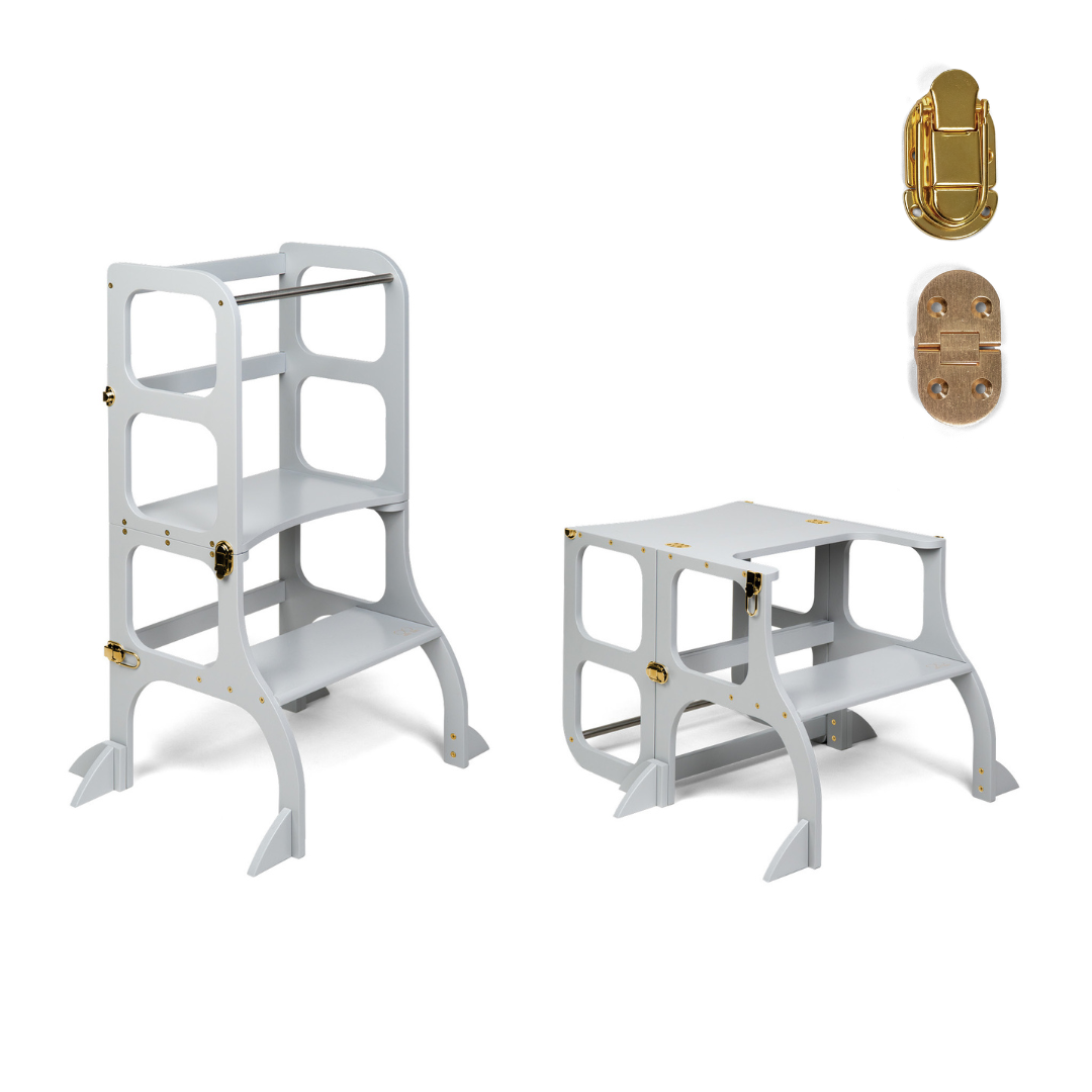 STEP'n'SIT® • Wandelbare Montessori Lernturm + Tisch, 2 in 1