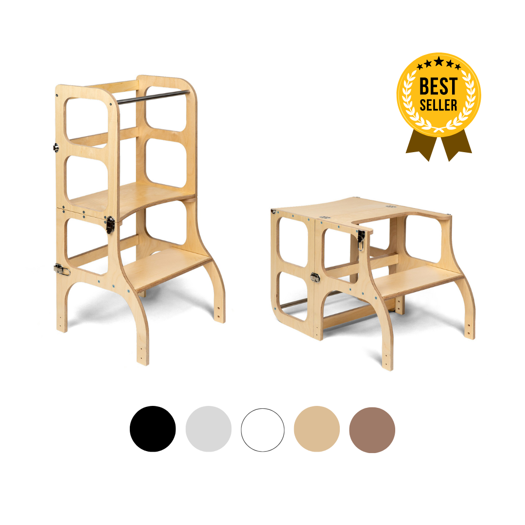 STEP'n'SIT® • Wandelbare Montessori Lernturm + Tisch, 2 in 1