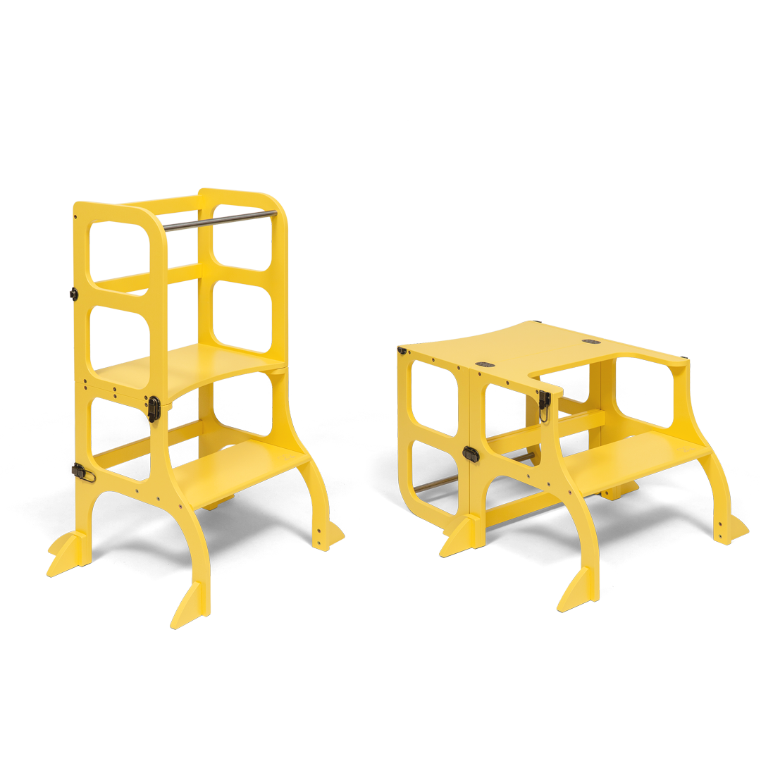 Torre de aprendizaje plegable + mesa y silla – Todo en uno